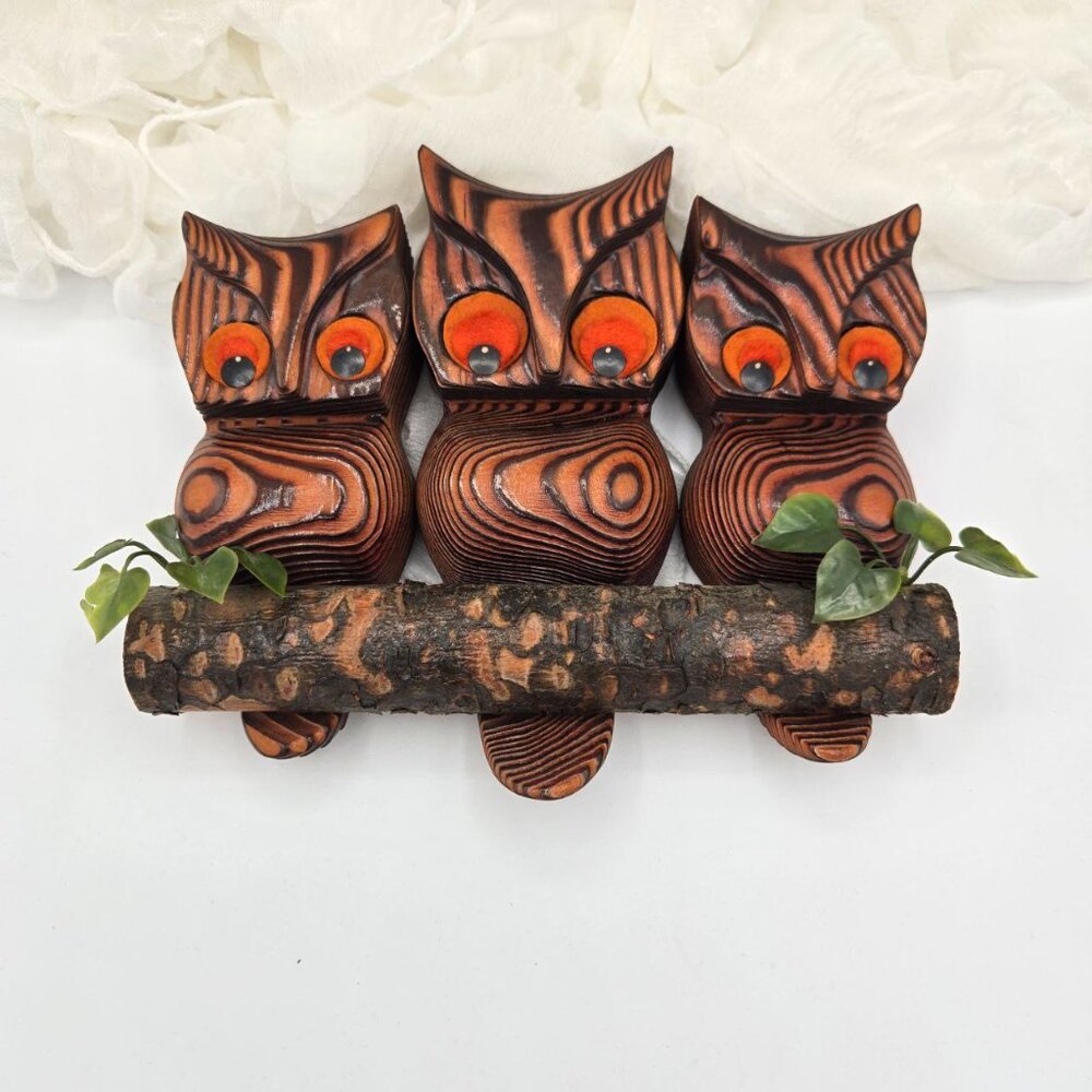 Vintage 1970s Green Mountain Carved Burnt Wood Owl Wall Hanging – 3 Owls